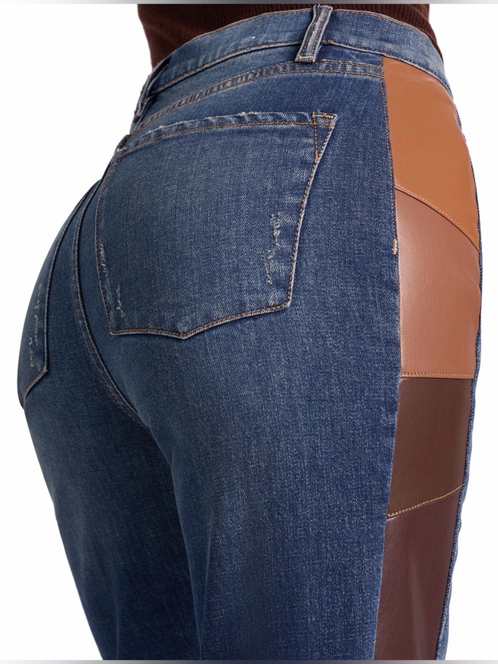 Alice + Olivia Dark Blue Denim Flare Jeans with Brown Patch Panels - Picture 5 of 9